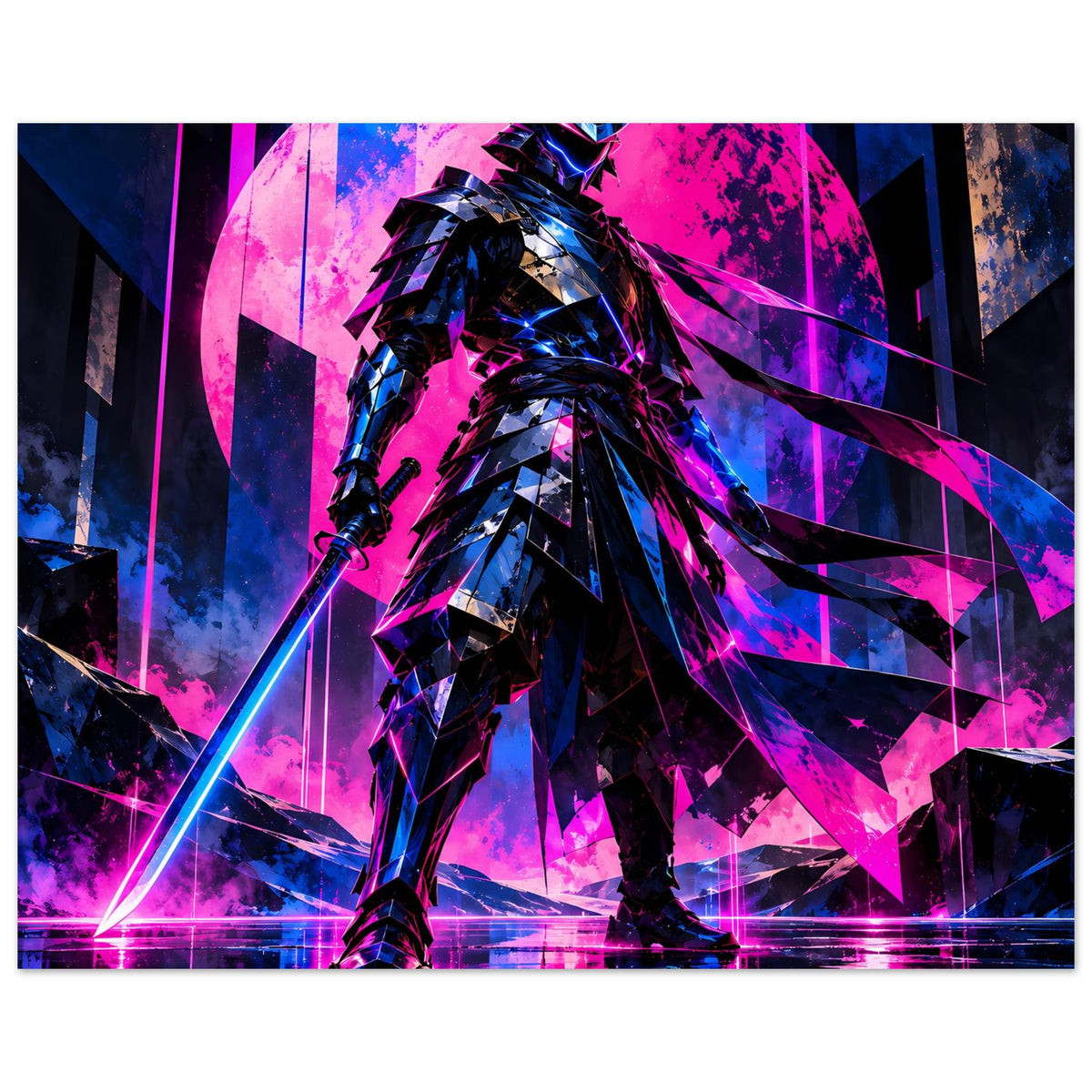 Poster im Querformat: cyberpunk Samurai-Krieger, pink-blaue Farbexplosion