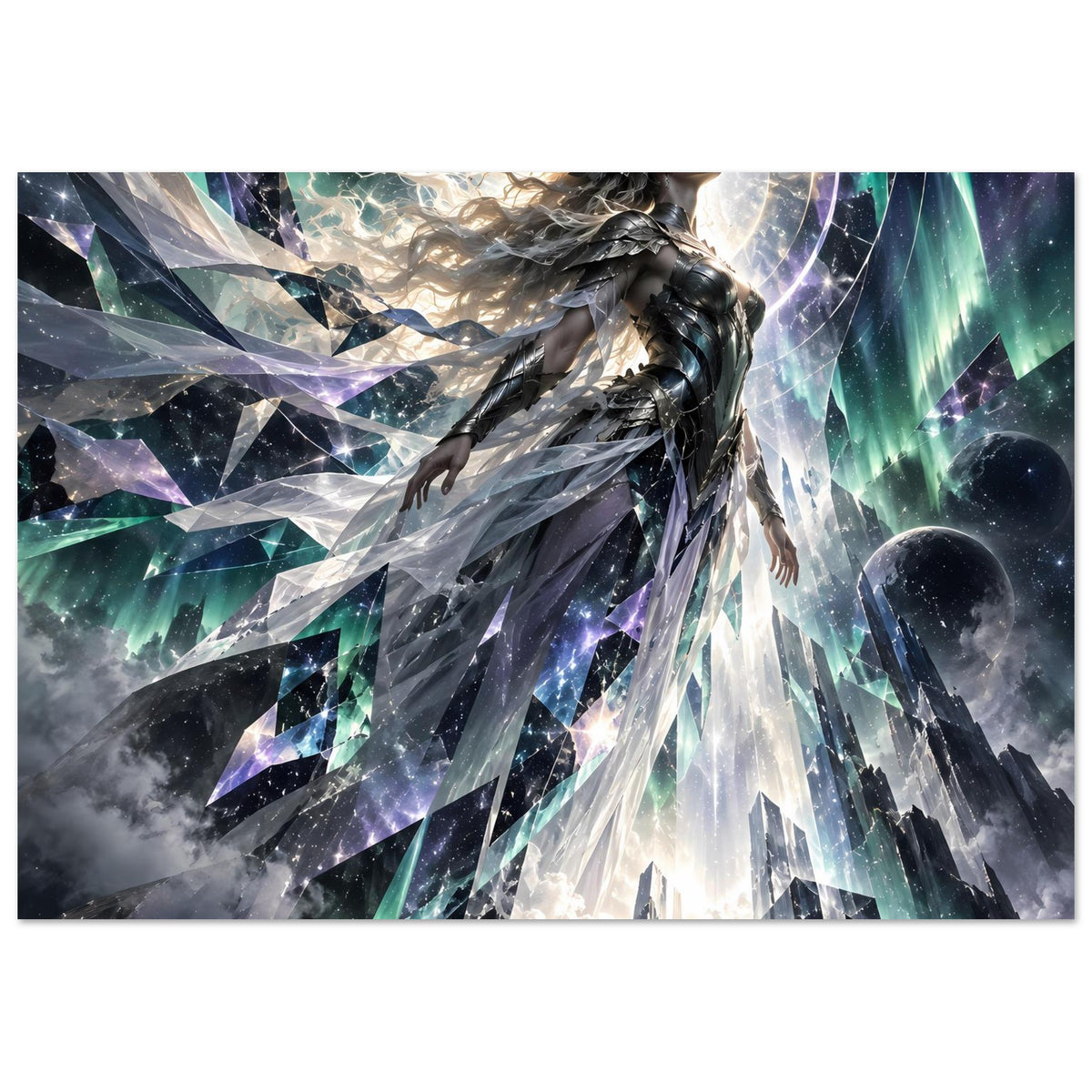 Horizontales Fantasy-Poster: astraler Krieger in Rüstung, Sternen- und Kristallmotive, dynamisch
