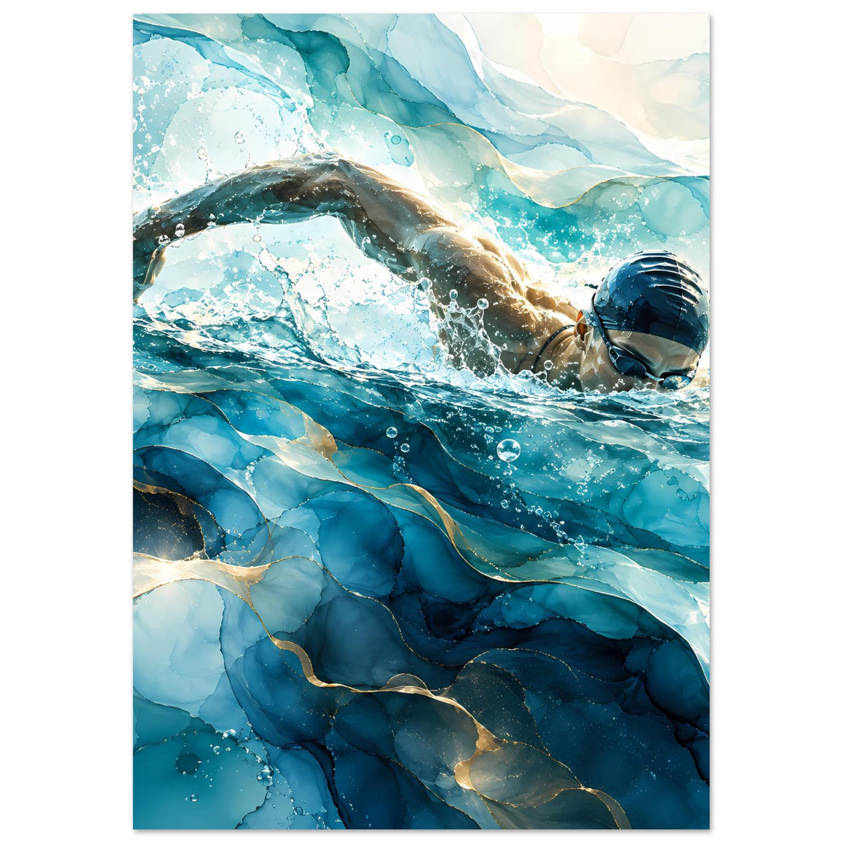 Schwimmer-Poster im Blau, vertikal: Taucher unter Wasser mit Spritzern und blauen Strömungen