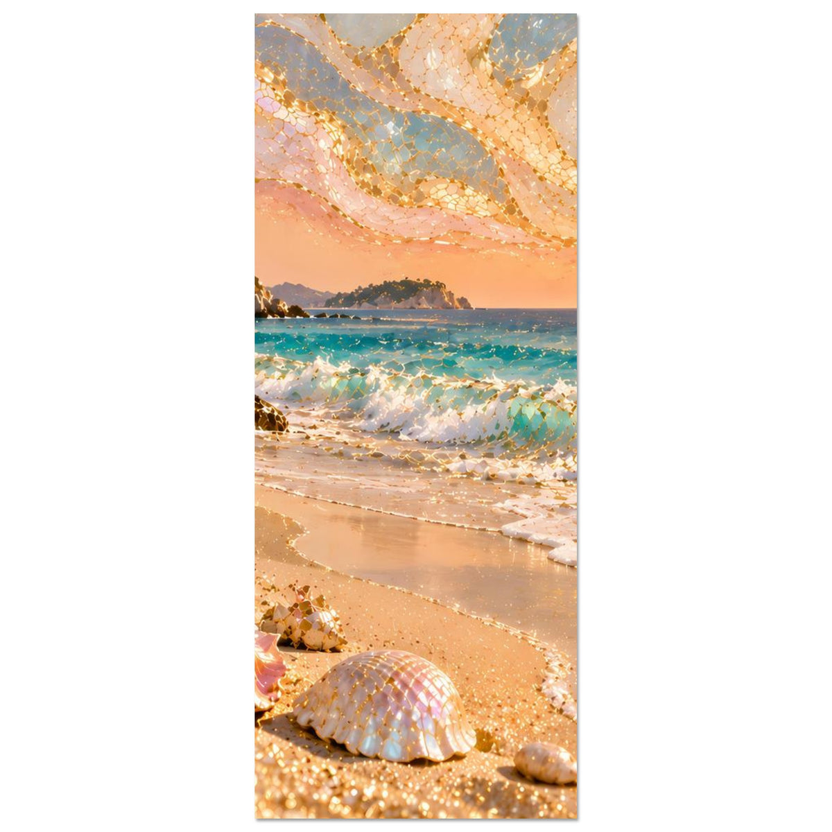 Hochformatiges Strandlandschafts-Poster mit goldenen Mosaikakzenten: Muscheln am Sandrand