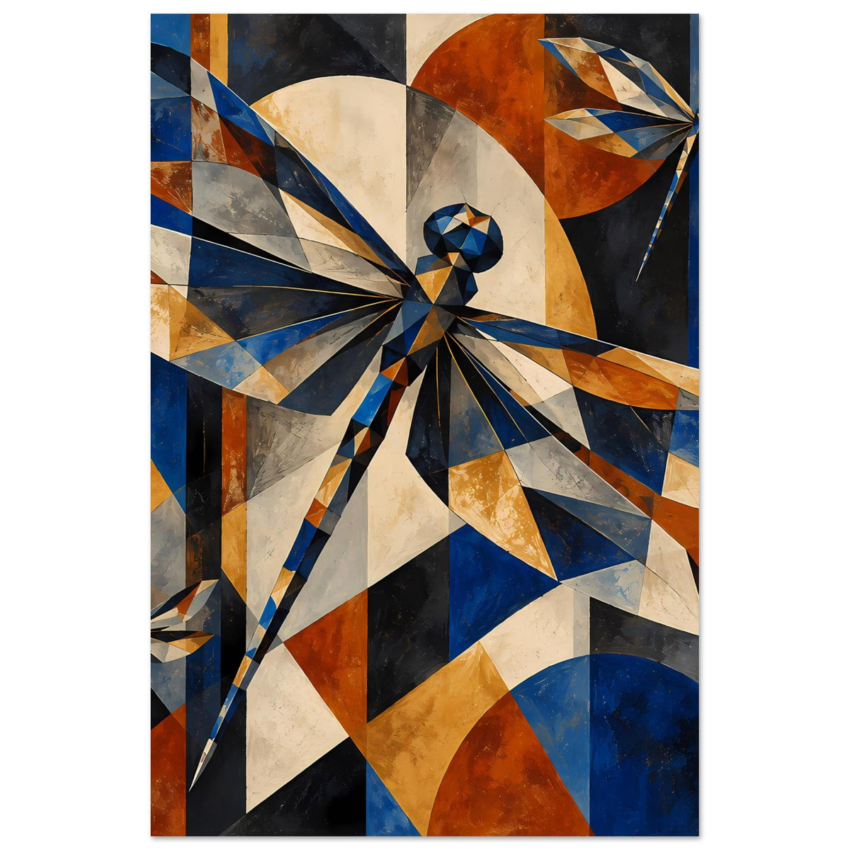 Kunstposter mit geometrischer Libelle aus blauen, kupferfarbenen und schwarzen Dreiecken