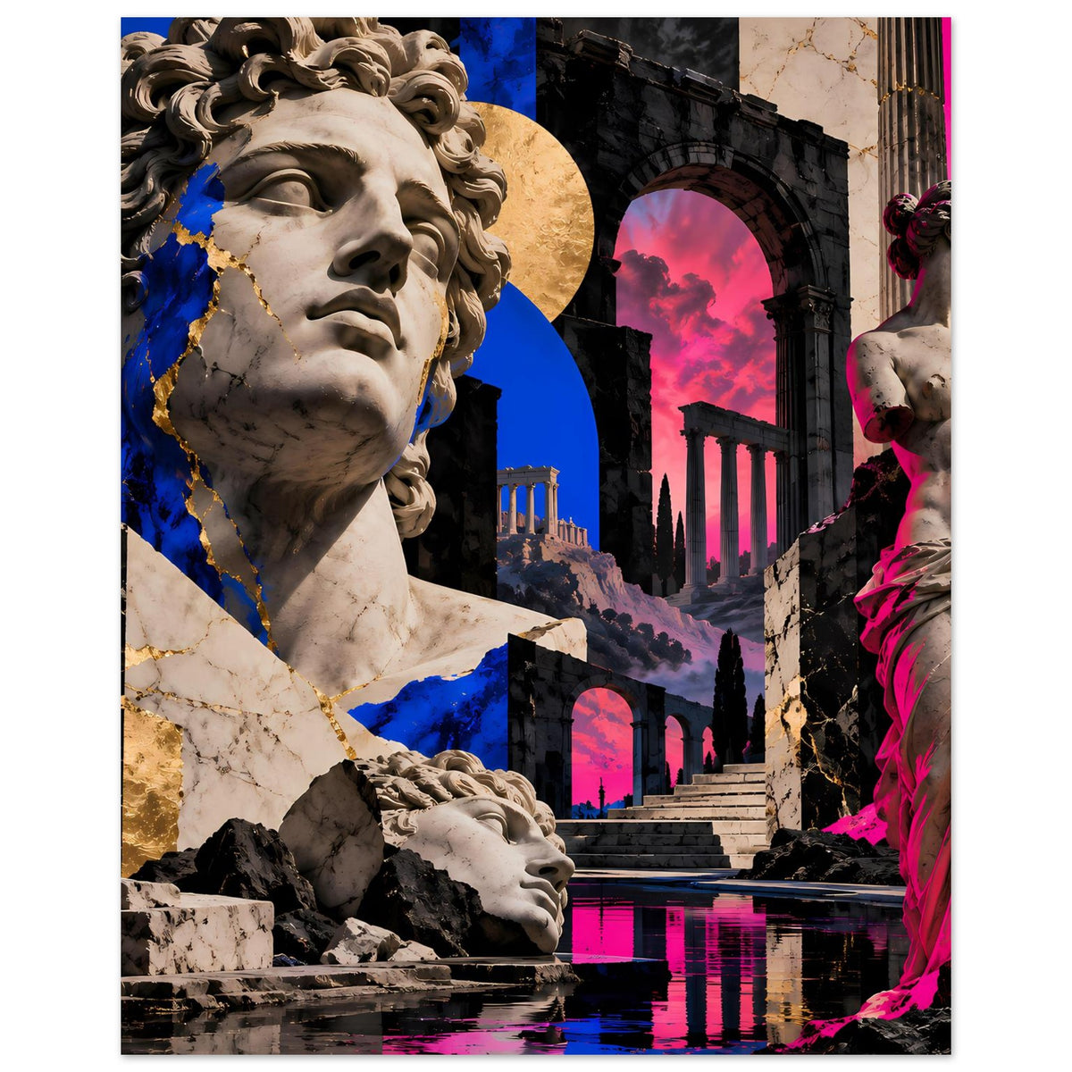 Kunstposter mit links großer Kopfstatue und Statue rechts, pinke und blaue Farbfelder.
