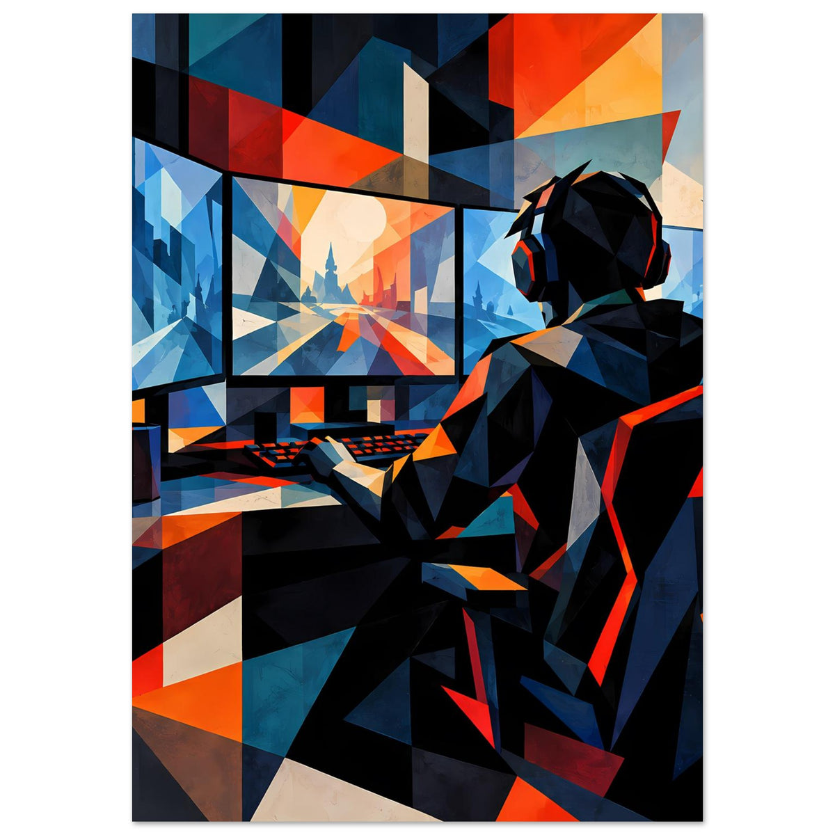 Gaming-Poster mit Gamer im Profil und Headset; kubistische Formen in Blau, Rot und Orange.