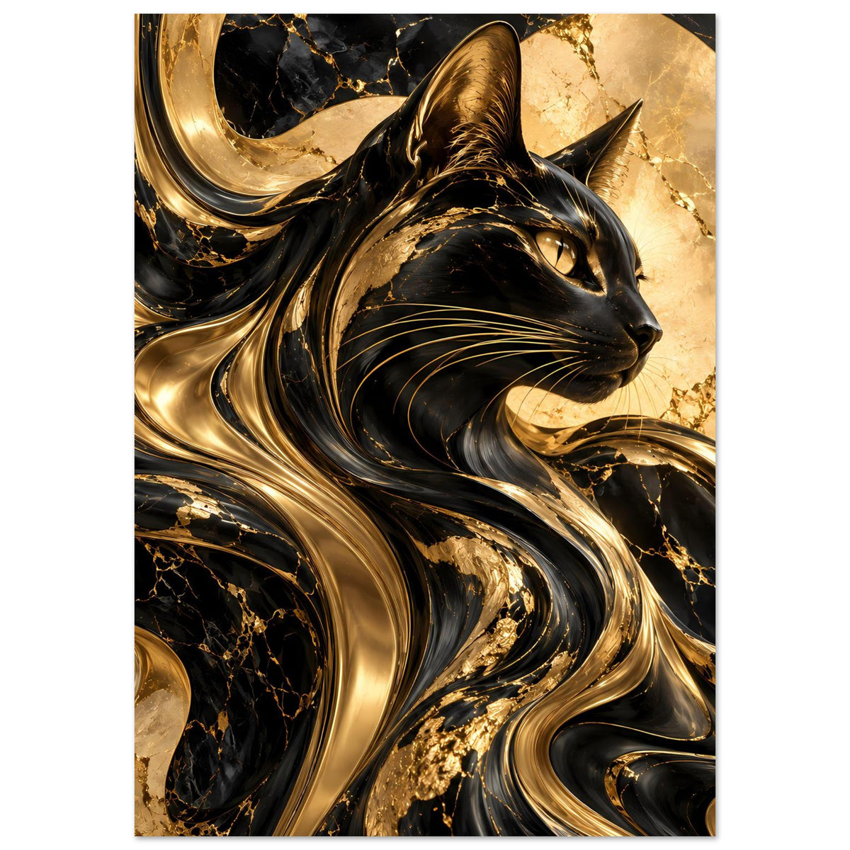 Poster mit Katzenporträt, schwarze und goldene Wirbeloptik, Hochformat