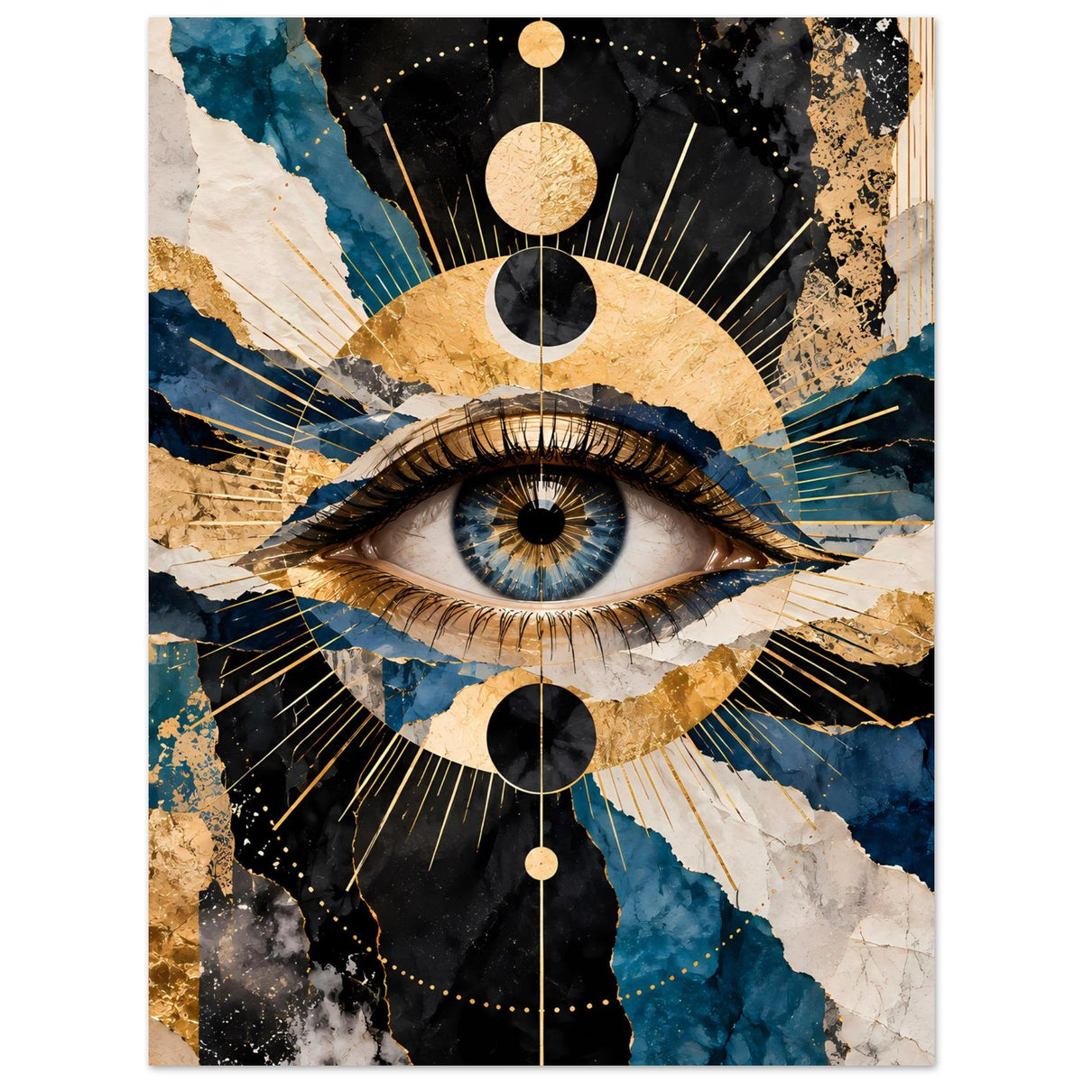 Kunstposter mit blauem Auge im goldenen Kreis, abstrakte Texturen in Blau, Gold und Schwarz
