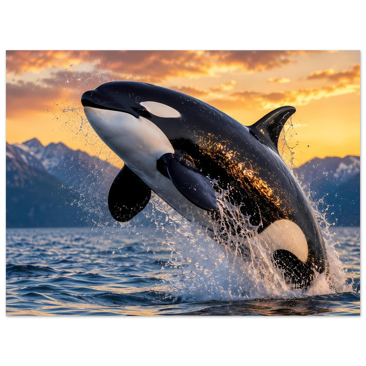 Orca-Sprung-Poster: schwarzer und weißer Wal fliegt aus dem Meer, spritzendes Wasser im Vordergrund