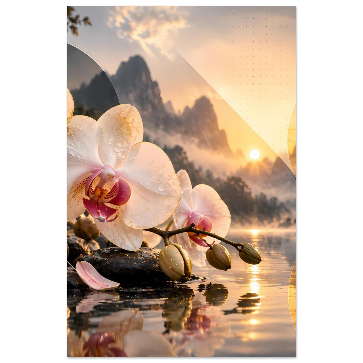 Blumenposter mit weißen Orchideenblüten, warmem Himmel und See, Hochformat