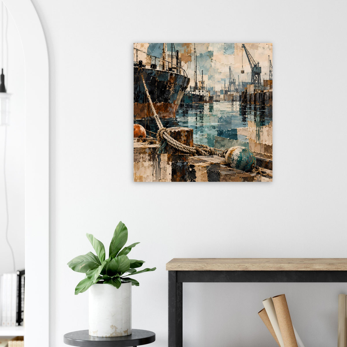 Poster im Rahmen mit dunklem Schiffsrumpf und Hafenkränen, Seil am Kai, türkisblaues Wasser