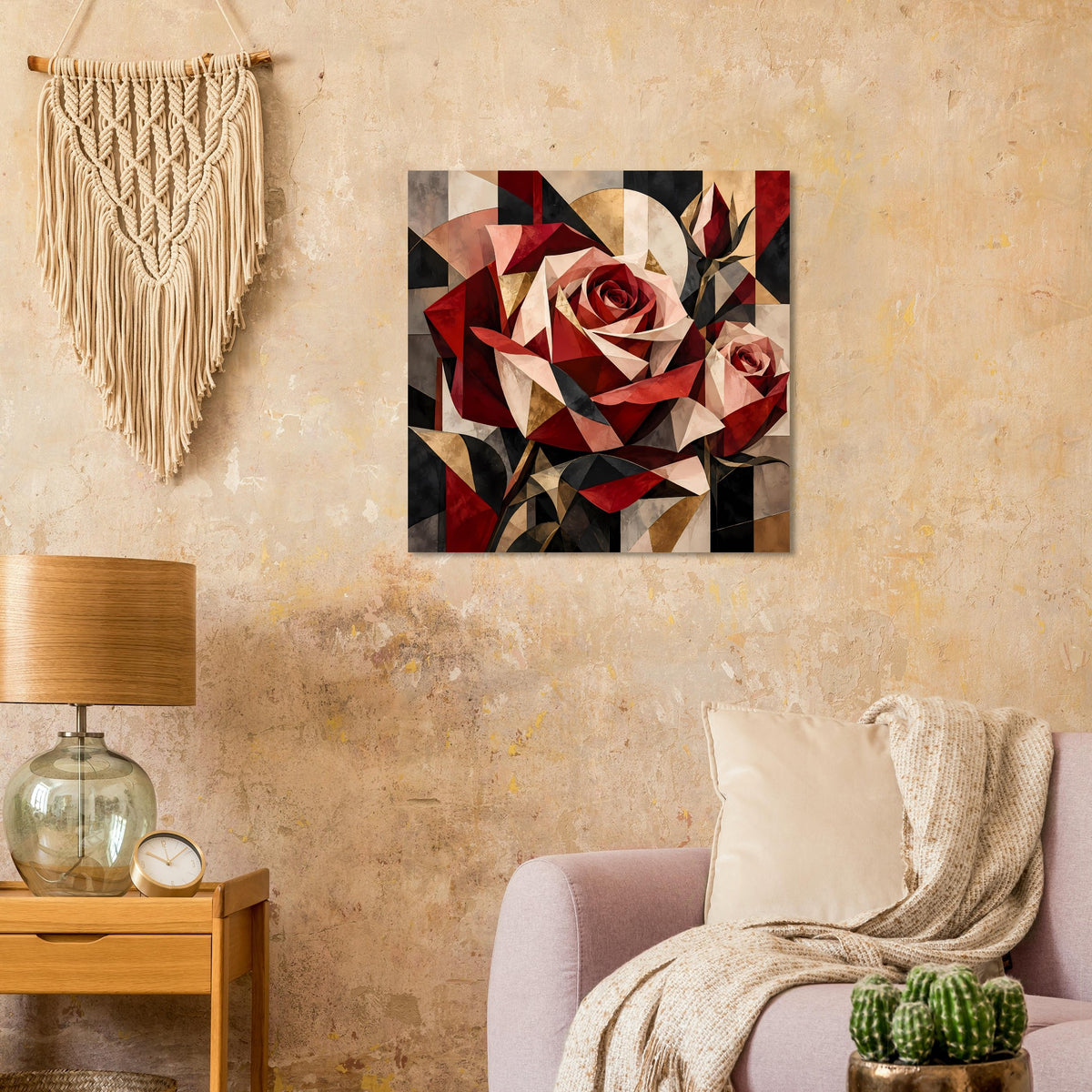Blumenposter mit geometrischer Rose aus roten, goldenen und beigen Flächen