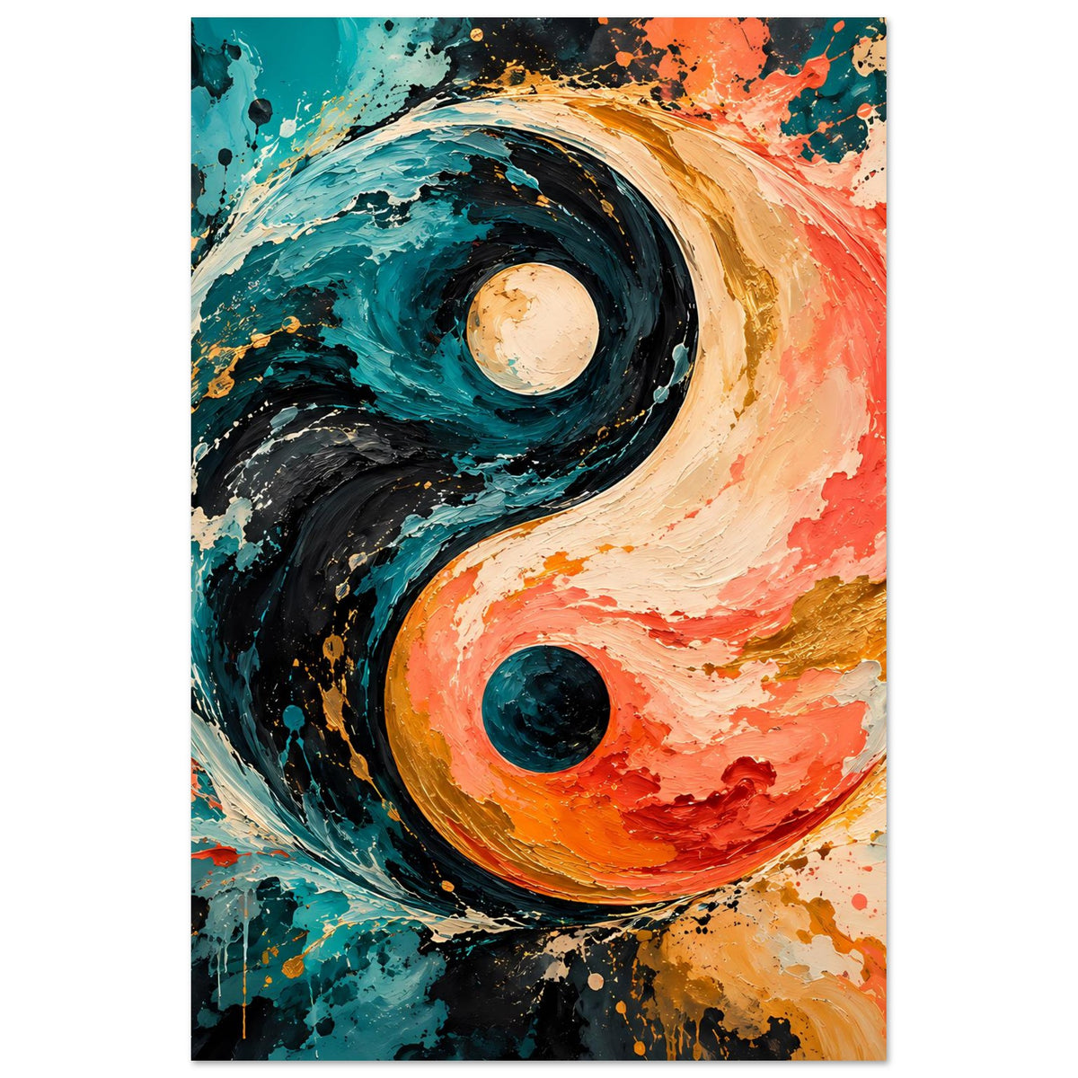 Abstraktes Yin-Yang-Poster, hoch: türkis/orange Wirbel mit Kreisformen, gerahmt