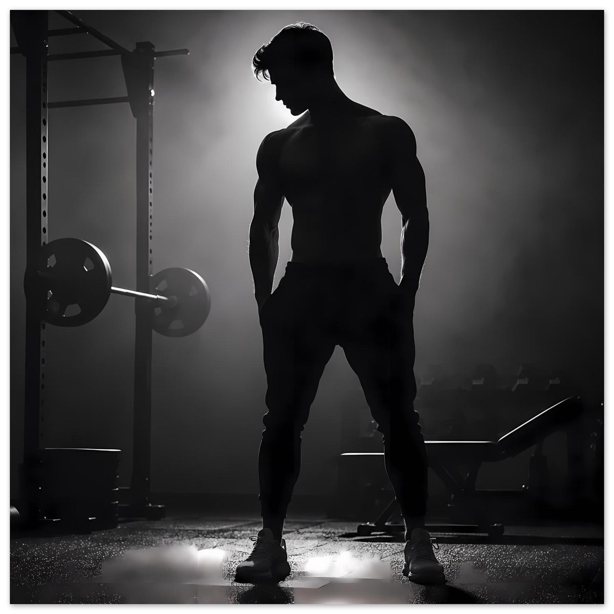 Gerahmter Kunstdruck mit Sport-Silhouette eines Mannes im Fitnessstudio, Schwarzweiß