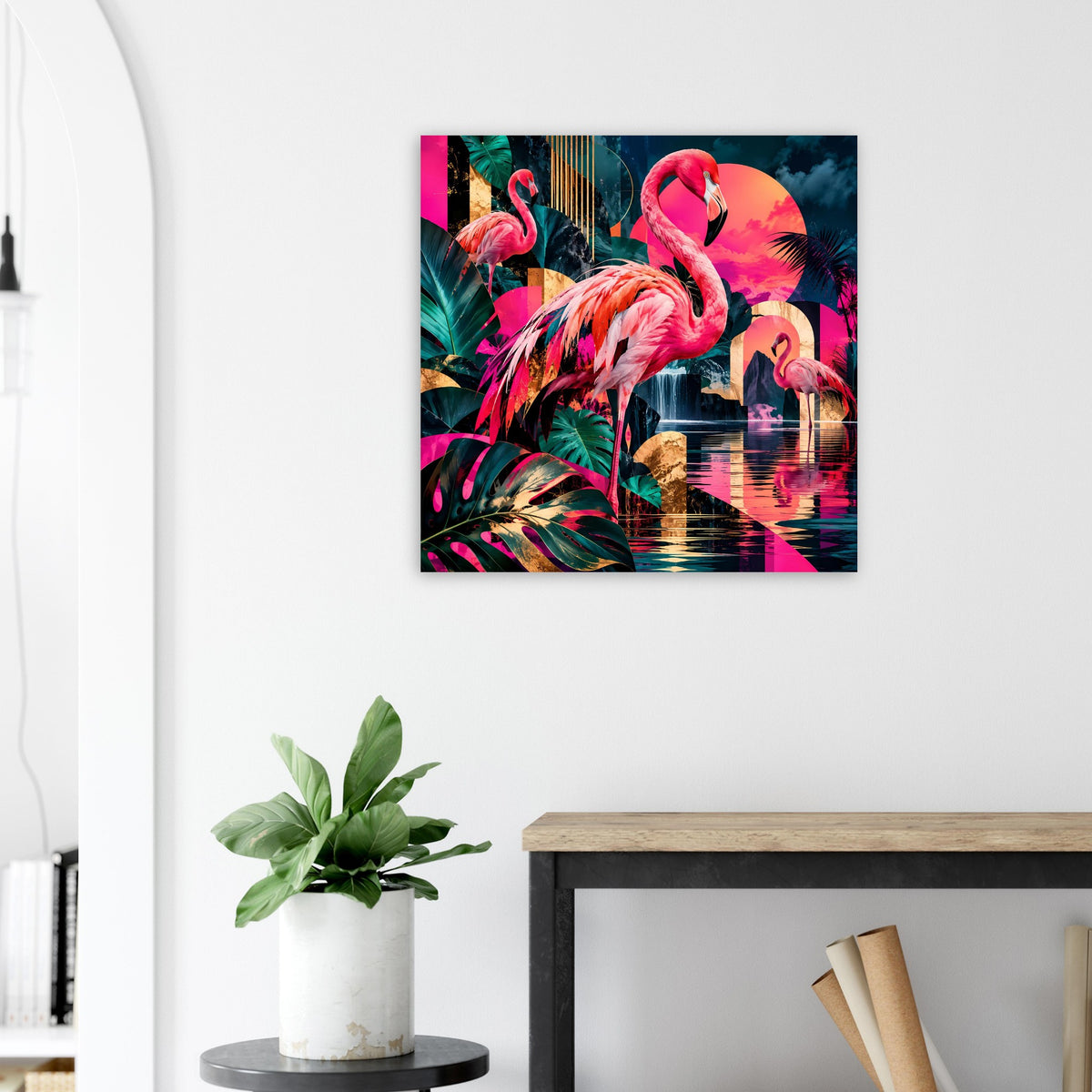 Poster mit pinken Flamingos, tropischen Blättern und Farbverläufen im Neon-Look