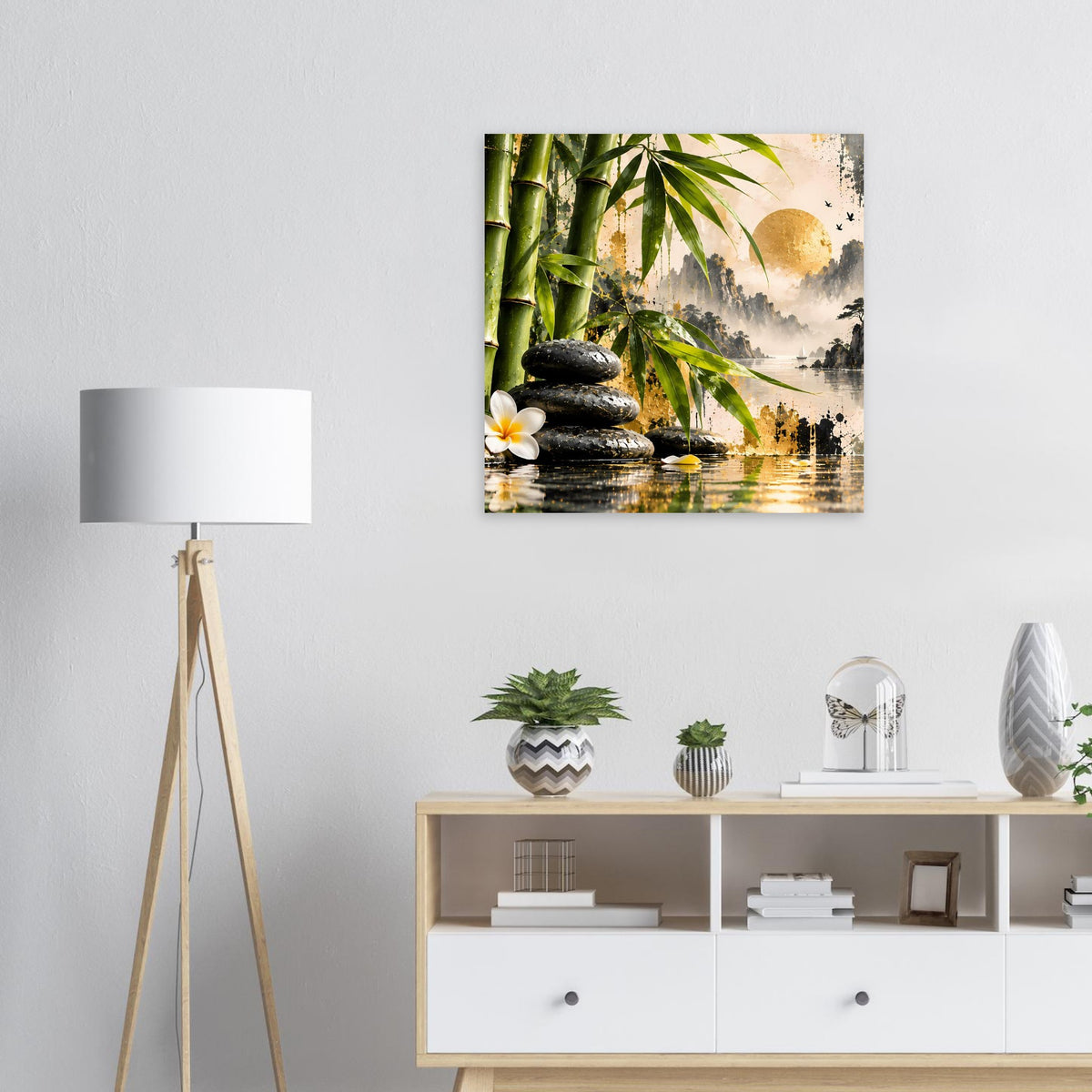 Zen-Bambus-Poster: goldene Sonne über Wasser, Bambus und Steinhaufen im Zen-Stil