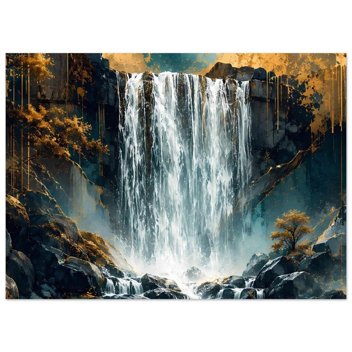 Wasserfall-Poster, zentraler Blick auf türkisfarbenen Wasserfall zwischen Felsen und goldenen Bäumen