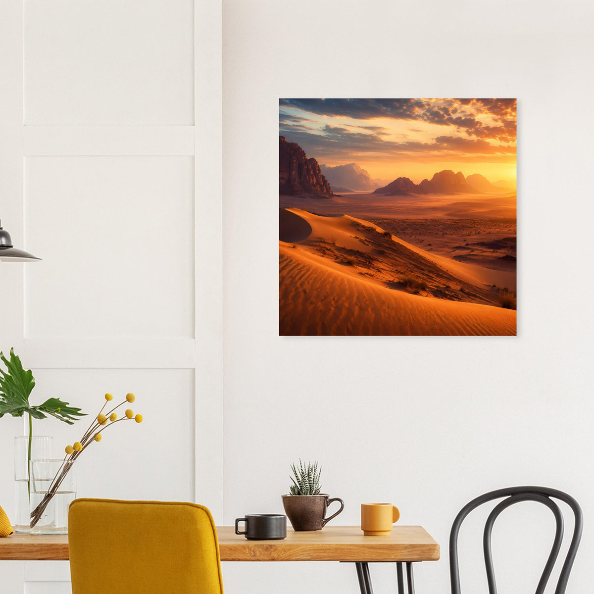 Quadratisches Wandposter mit Wüstenlandschaft bei Sonnenuntergang über Sideboard