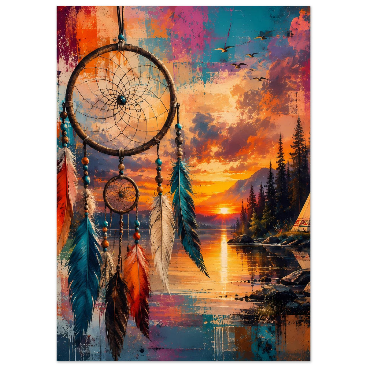 Hochformatiges Boho Traumfänger-Poster mit bunten Federn vor See und Sonnenuntergang