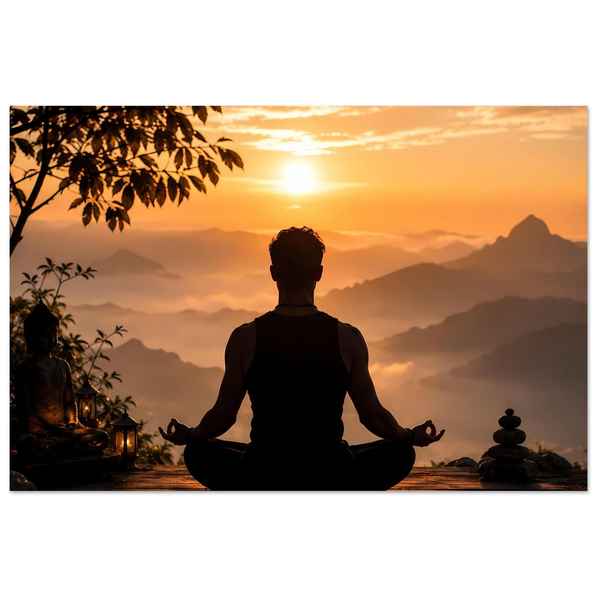 Meditationsposter: Silhouette im Lotussitz vor warmem Himmel über Bergketten