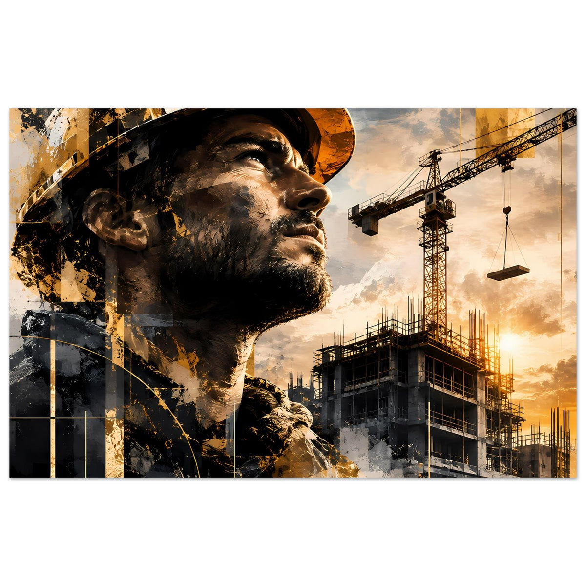Poster mit Bauarbeiter-Porträt, Schutzhelm und Baustelle, Gold- und Grautöne im Querformat