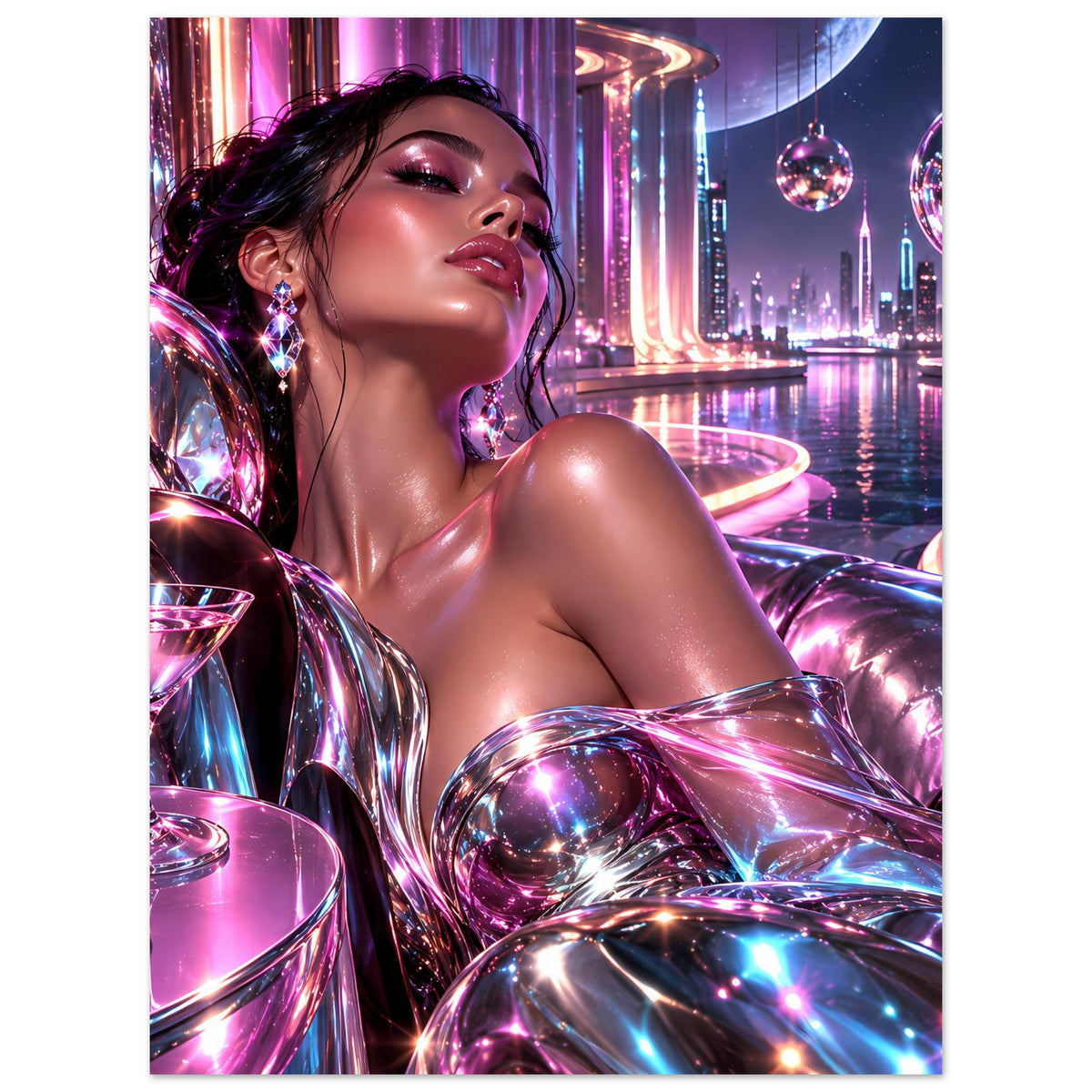 Neon-Poster im Hochformat: Frau mit schimmerndem Bikini, futuristische Skyline im Hintergrund