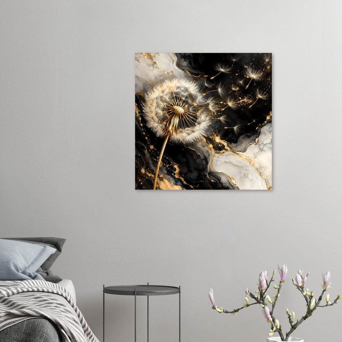 Kleines Dandelion-Poster: Pusteblume mit goldener Mitte, schwarze Marmoroptik und goldene Sternfunken