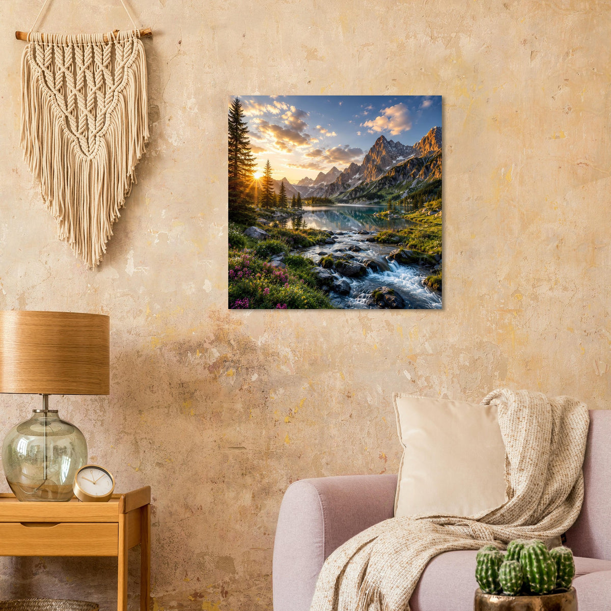 Gerahmtes Poster mit Sonnenaufgang über den Bergen, Flusslauf, Fichten und Blumenwiesen.