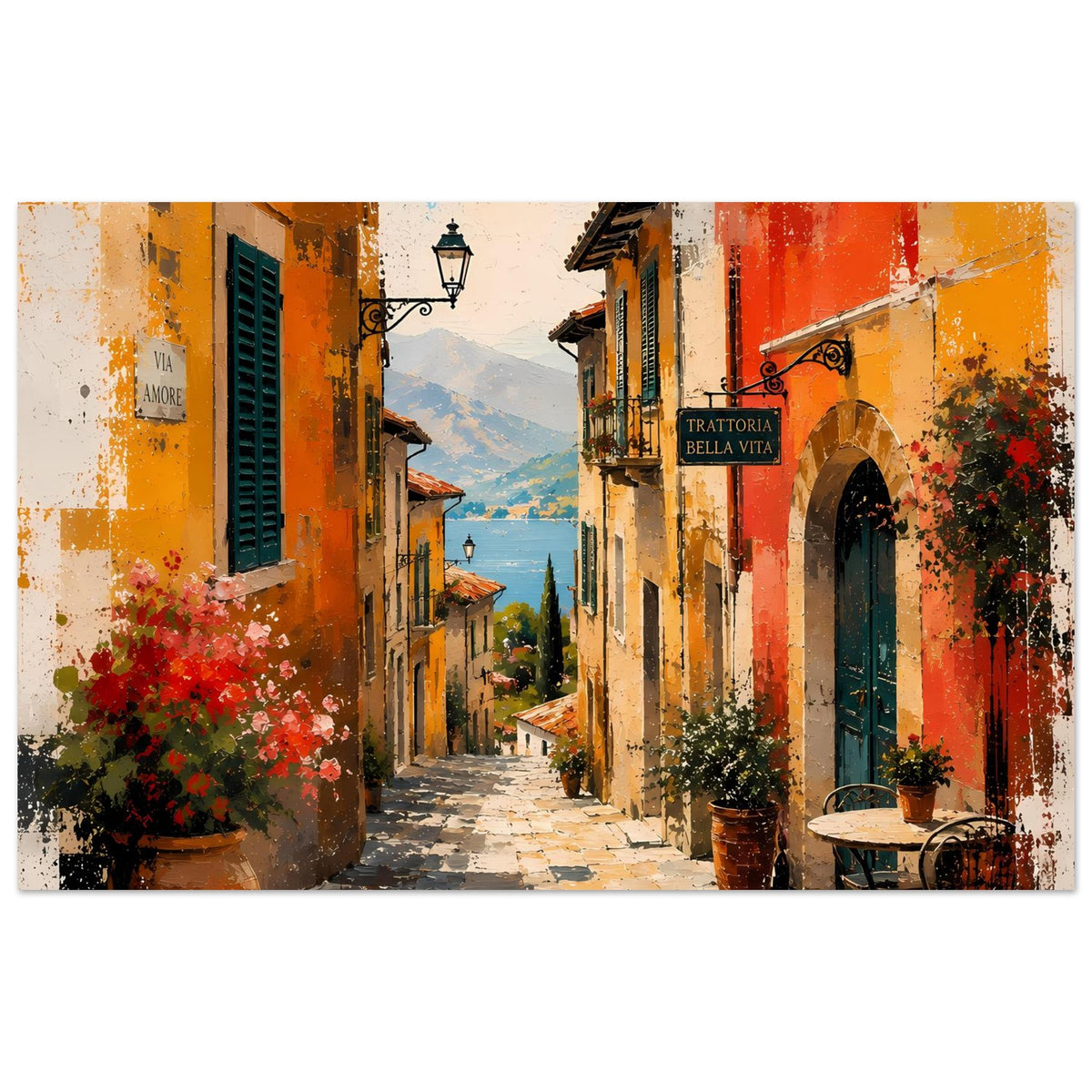 Querformatiges Wandposter: mediterrane Gasse mit warmen Sonnenfarben, Pflanzenkübel und Reihenhäusern