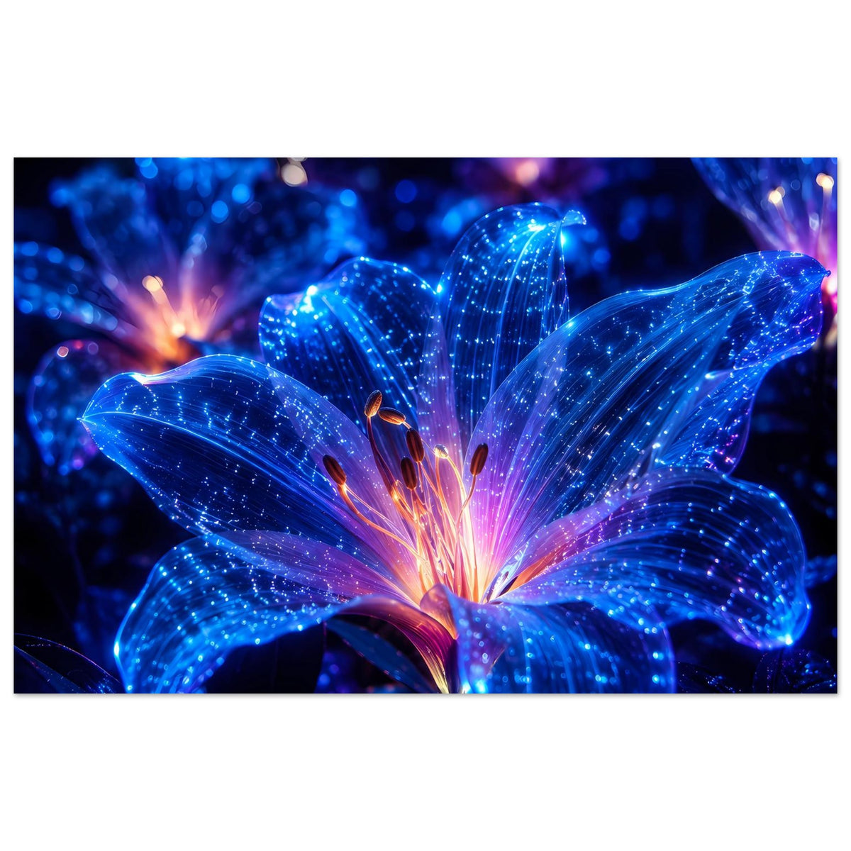 Leuchtendes Blumenposter mit blauen, funkelnden Blüten und violetten Lichtstrahlen
