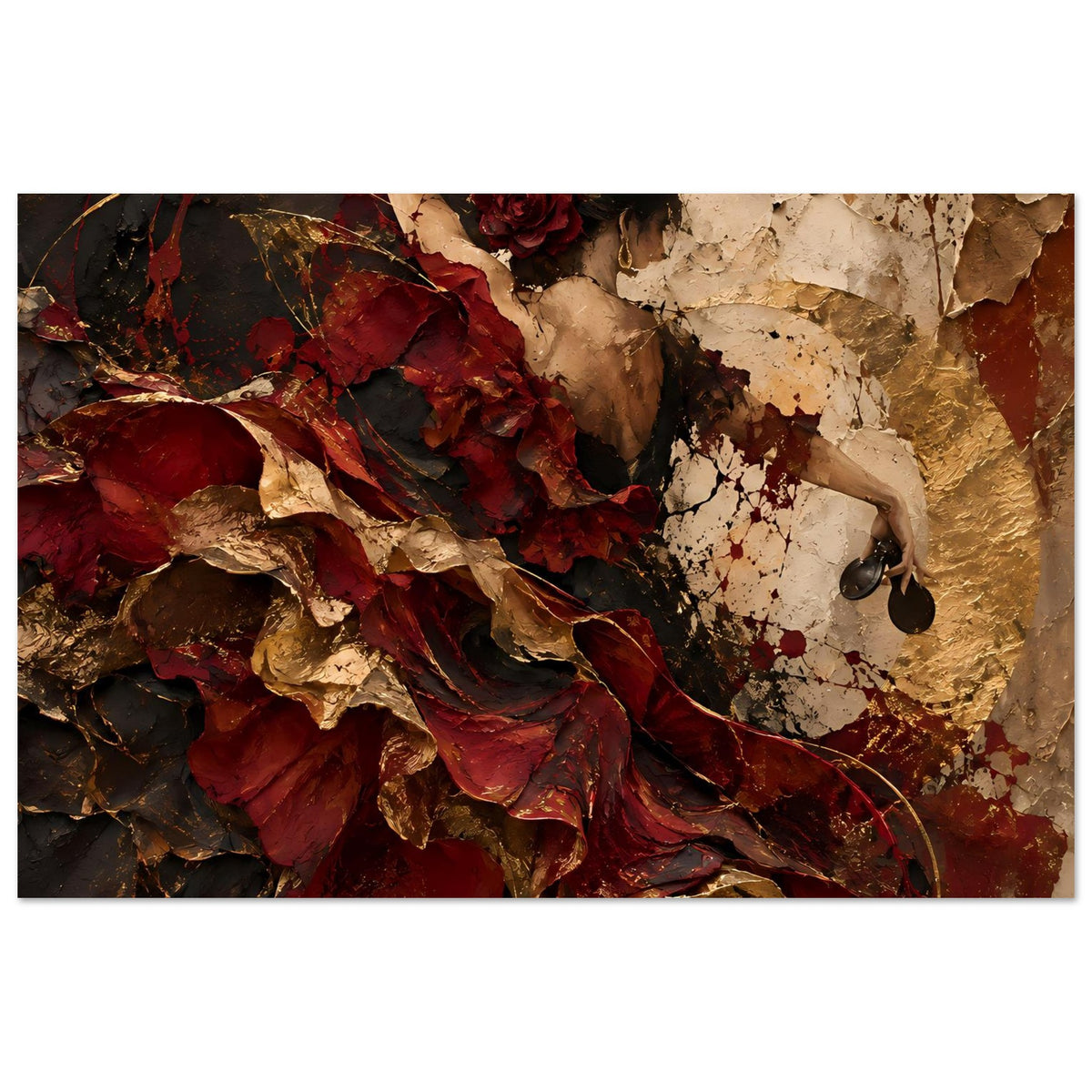 Horizontales Wandkunstposter mit rotem Kleid, Frauengesicht, roter Rose und goldbrauner Struktur