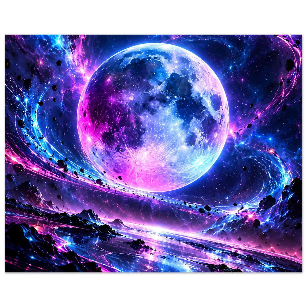 Galaxie-Poster mit Planetenkugel im Zentrum, blaues und violettes Licht, Sterne