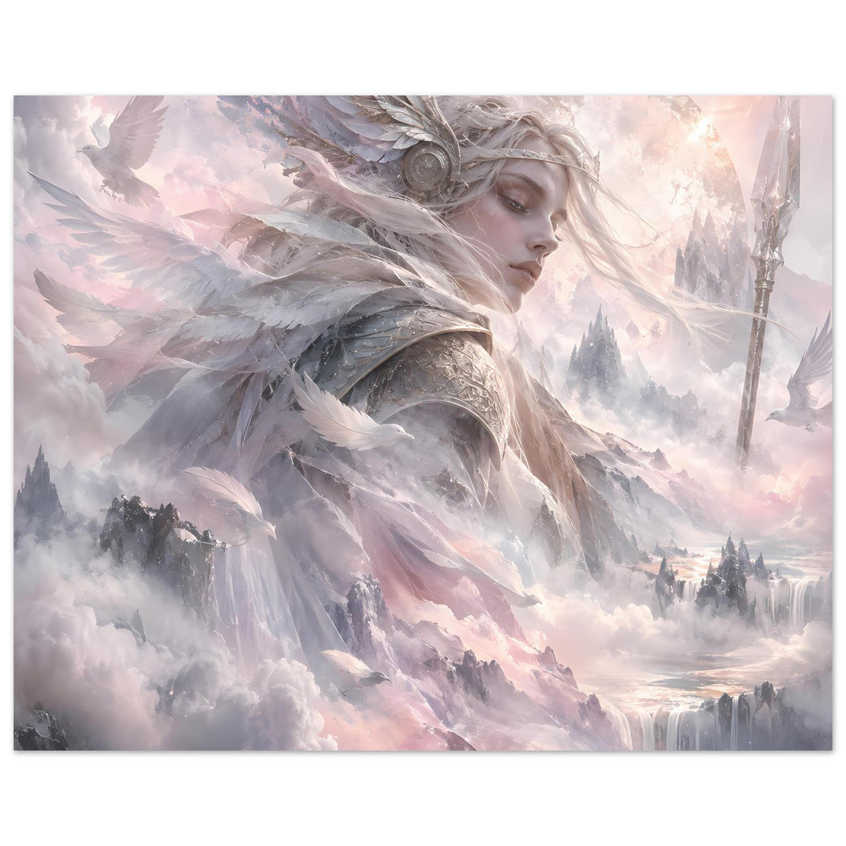 Nordisches Fantasy-Poster mit Walküre, Federhelm und Speer, sanfte Nebelkulisse