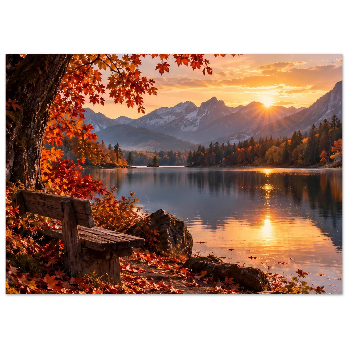 Herbstlandschafts-Poster: Panorama von See und Alpen mit warmem Licht, orangefarbenem Laub