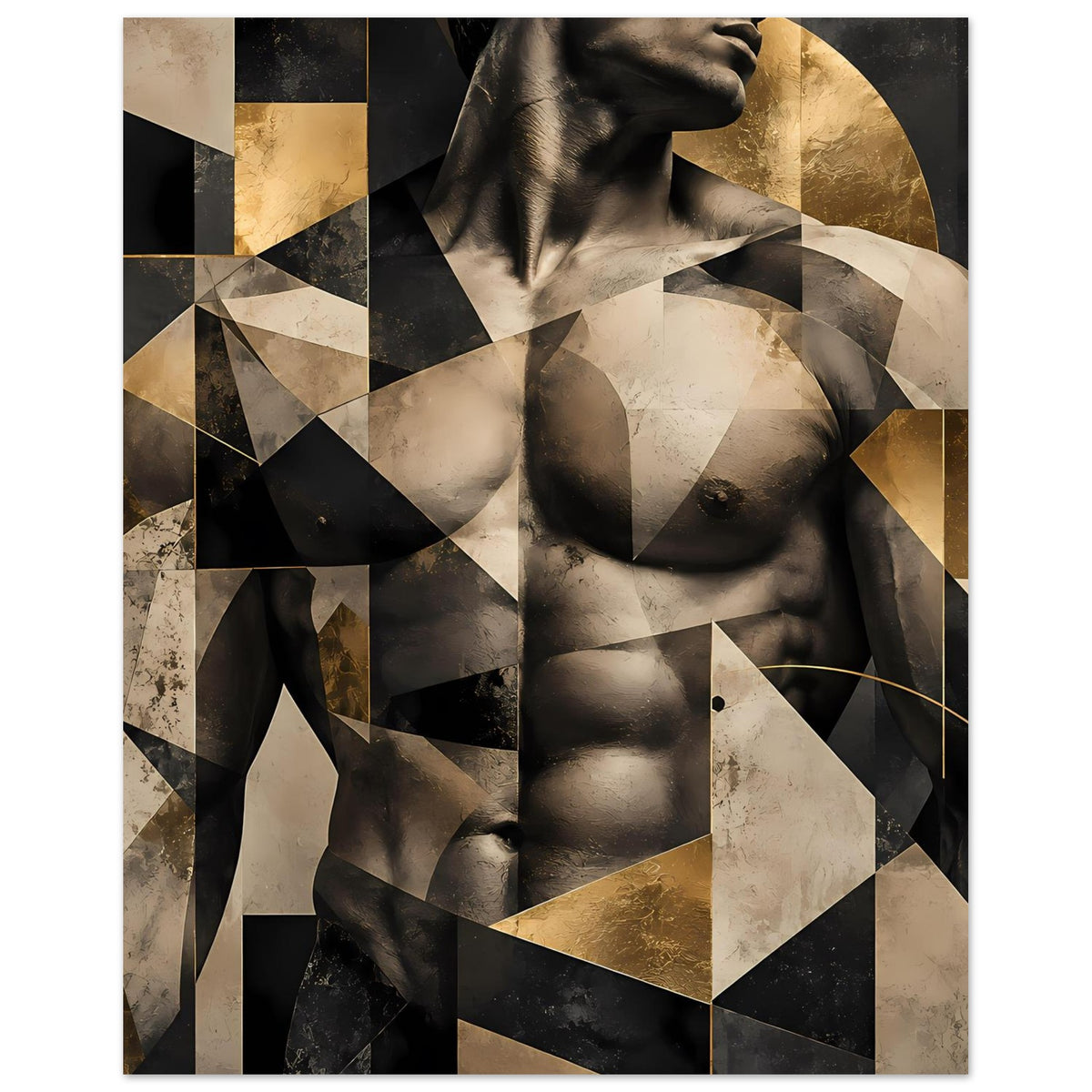 Abstraktes Aktkunst-Poster in Schwarz, Beige und Gold mit geometrischer Collage und Aktmotiv