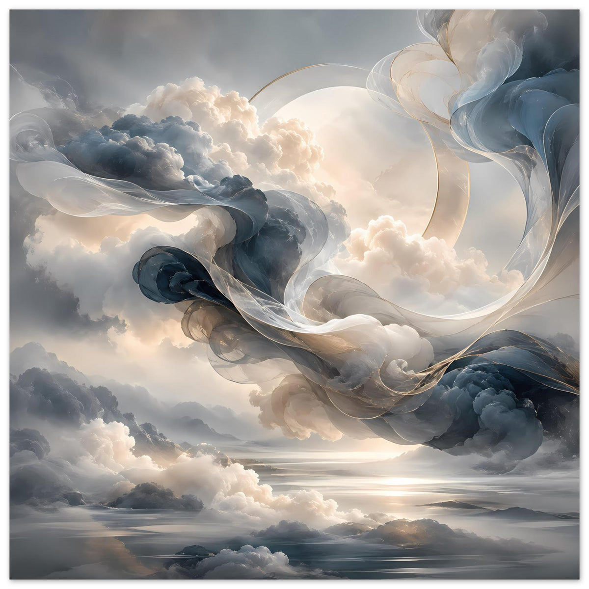 Wolkenlandschaft-Poster mit abstrakten, drehenden Wolken und hellem Sonnenstrahl