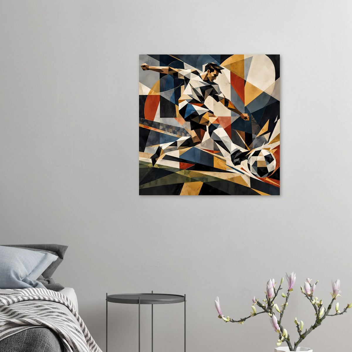 Quadratisches Poster mit abstraktem geometrischem Fußballspieler und Ball, mehrfarbig