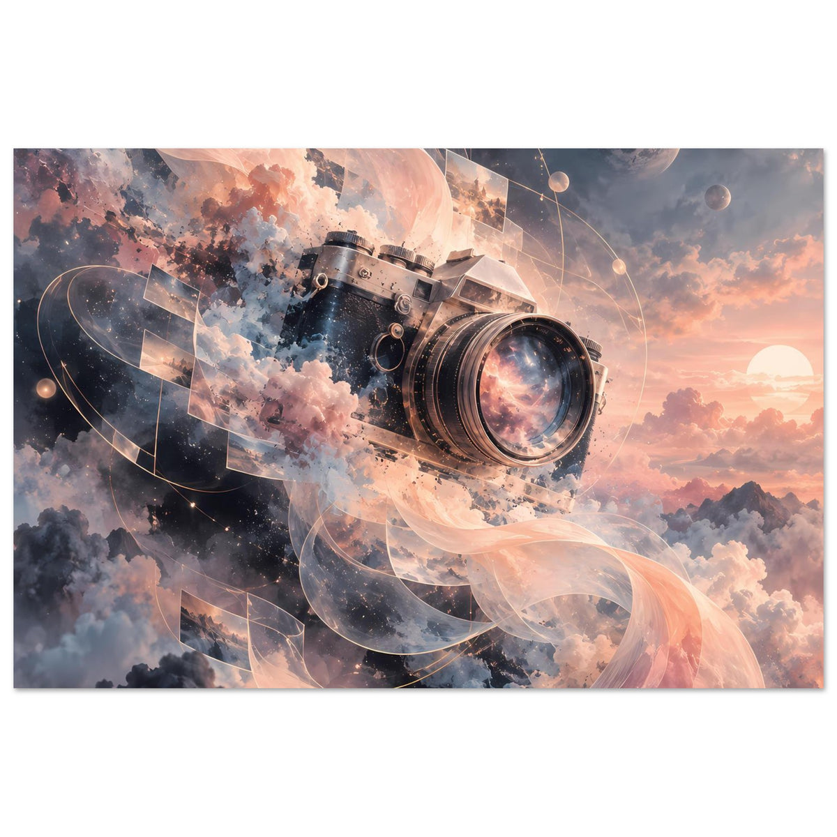 Kamera-Poster Querformat: surreale Kamera über Wolken, warmes Orange und Blau