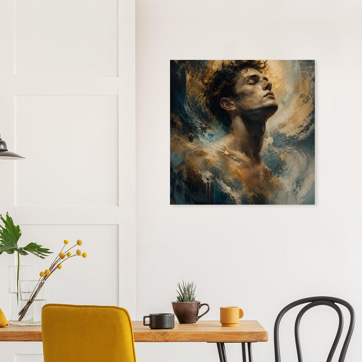 Wandposter mit Männerporträt, goldener Lichtkreis, Gesicht im warmen Farbton, abstrakter Stil
