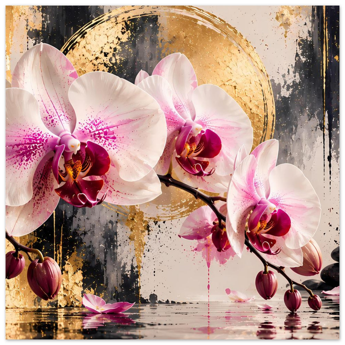 Poster mit Orchideenblüten an Zweigen, weiß/pink, goldene Halbkreis-Optik und Reflexionen