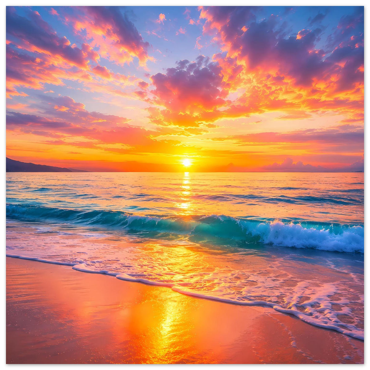 Strandposter im Querformat: Rote Wolken über dem Meer, Lichtpfad auf den Wellen.