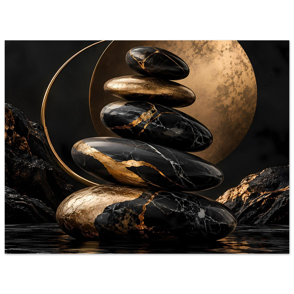 Poster mit Zen-Steinen in Schwarz und Gold, goldene Kreisfläche und marmorgeäderte Steine
