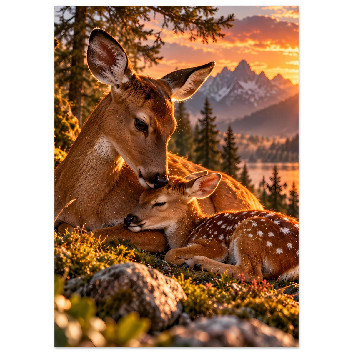 Poster mit Hirschpaar auf Wiese, beide Tiere im Bildausschnitt