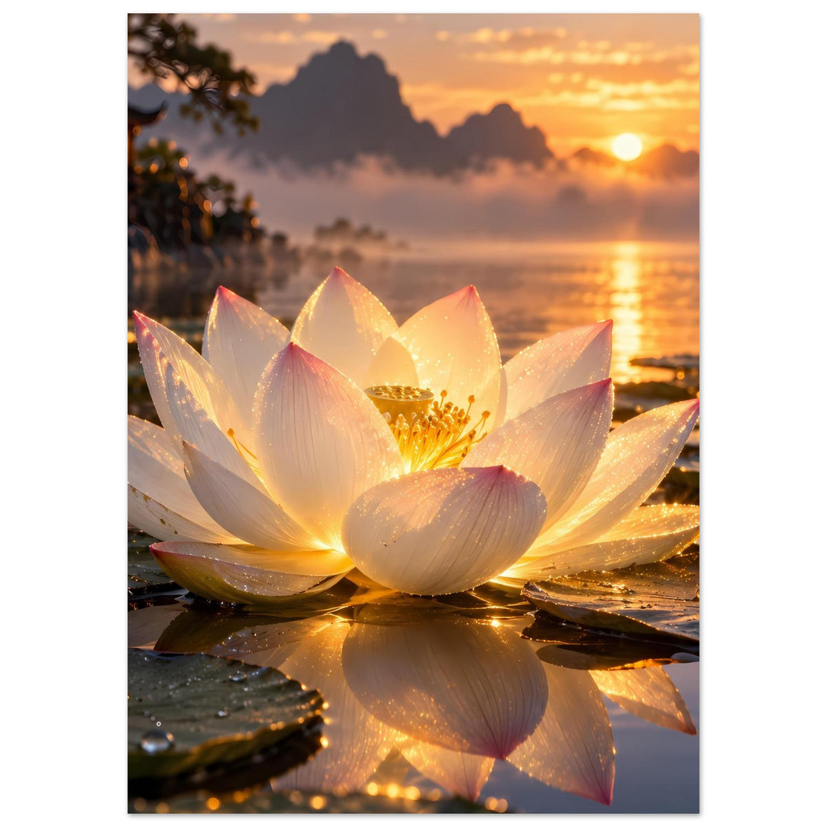 Poster mit zentraler Lotusblüte, gold-weiße Blütenblätter und Spiegelung auf Wasser