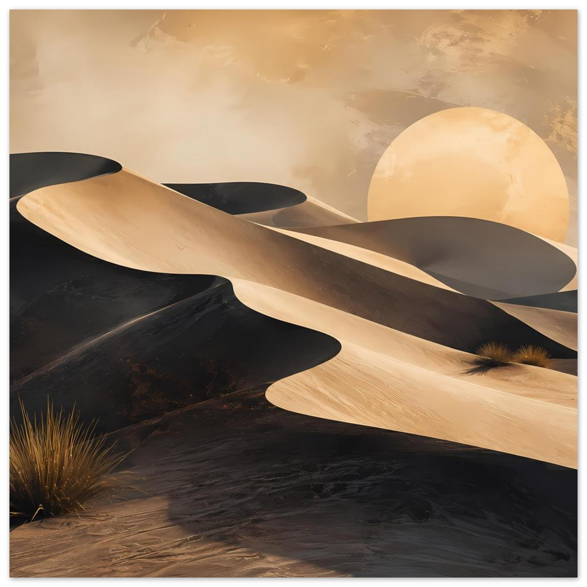 Wüstenposter: goldene Sanddünen und dunkle Formationen, dazu großer Mondschein