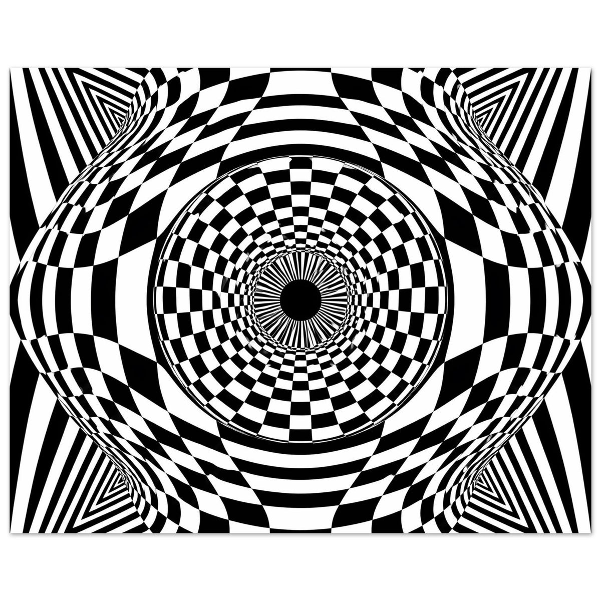 Schwarz-weißes Poster: Schachbrettspirale mit Kreis-Muster als optische Täuschung