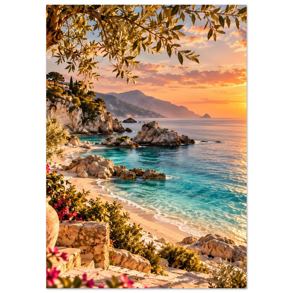 Strandposter im Hochformat: Sonnenuntergang, türkisfarbenes Wasser, Felsen, Küstenpflanzen