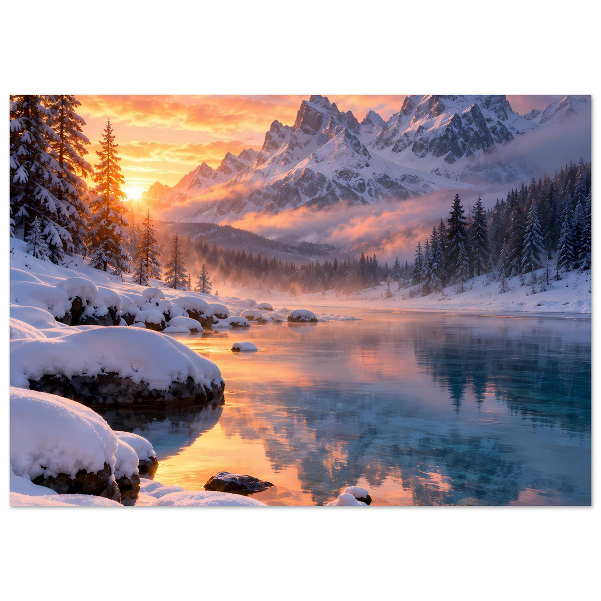 Winterlandschaft-Wandposter: verschneite Ufersteine, Sonnenuntergang, Berggipfel, ruhiges Wasser mit Reflexion