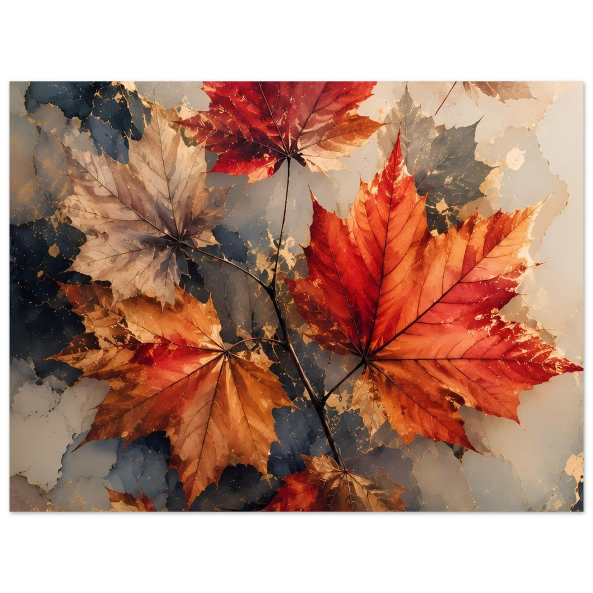 Poster mit abstrakter Herbstkomposition aus roten Ahornblättern und Zweigen