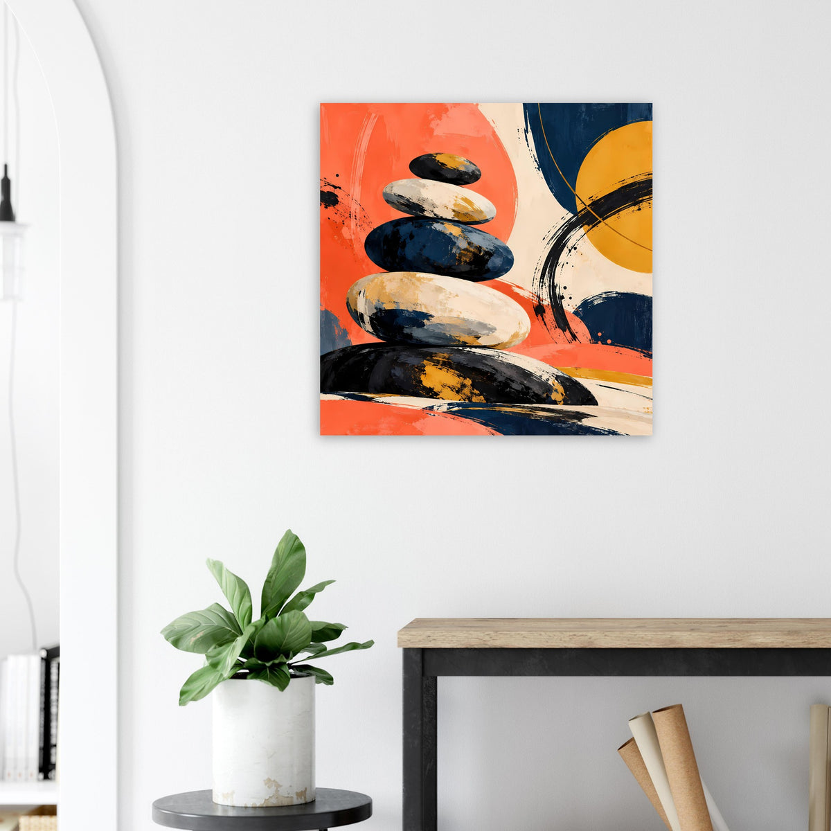 Rechteckiges Poster mit abstraktem Steinturm in Orange, Navy und Senfgelb