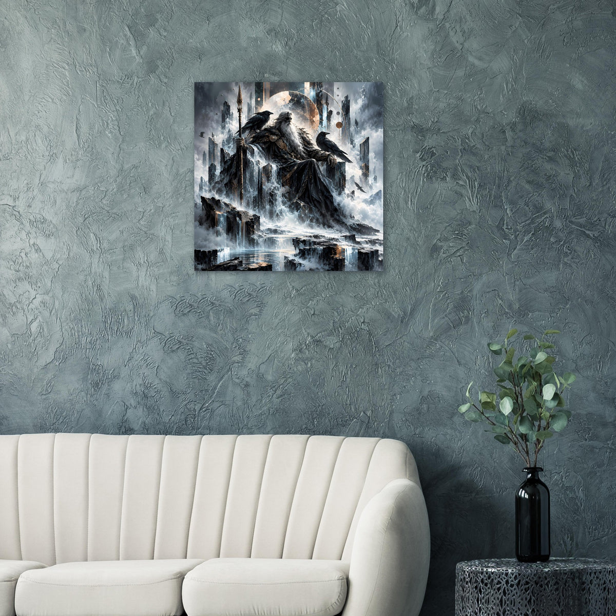 Mythologie-Poster mit nordischem Gott auf Thron, Raben und Wasserfall in Blau-Grau