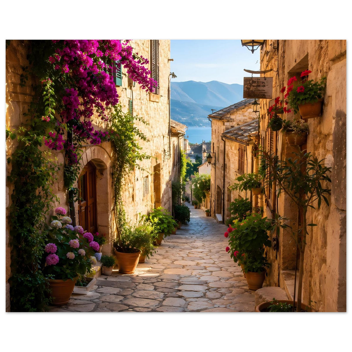Horizontales Poster mit Blick in die Ferne: Steingasse, lila Blüten und viele Kübel