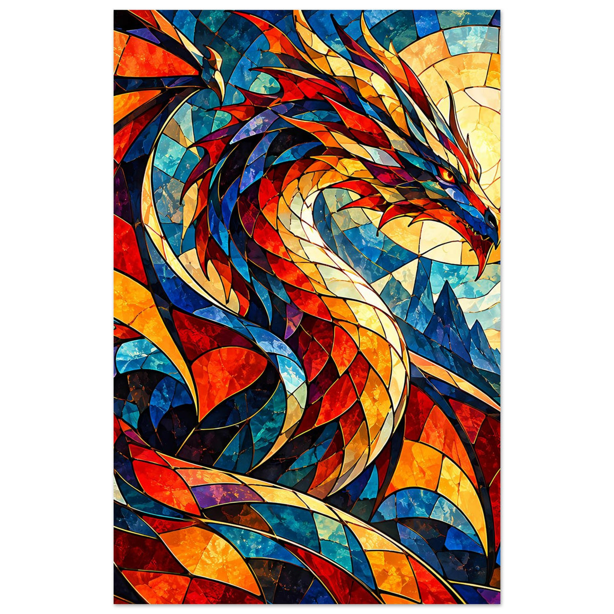 Vertikales Drachen-Glasmalerei-Poster: bunter Drachenkopf aus Mosaiksteinen